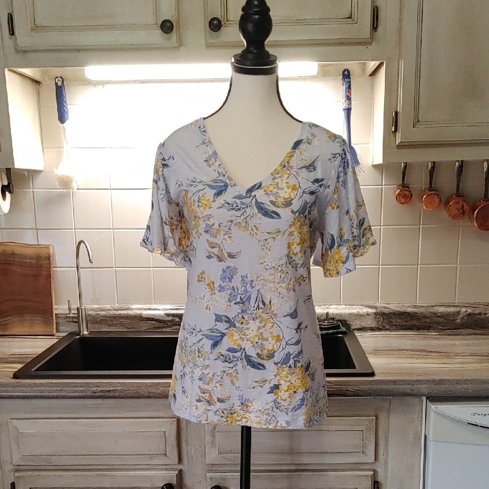 LC Lauren Conrad Blue and Yellow Floral Blouse